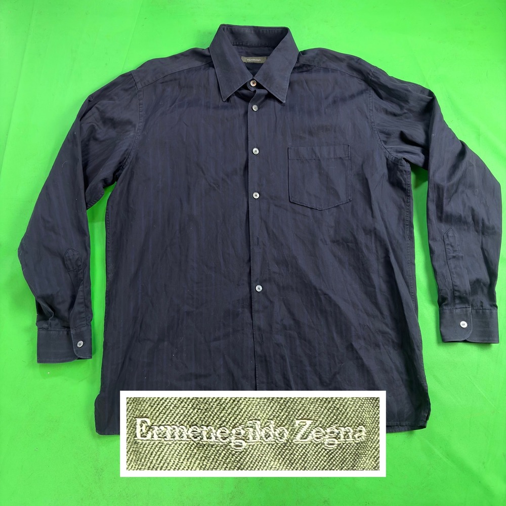 VTG 90s Ermenegildo Zegna Button Up Shirt Mens 2X Black Striped L/S Cotton Italy